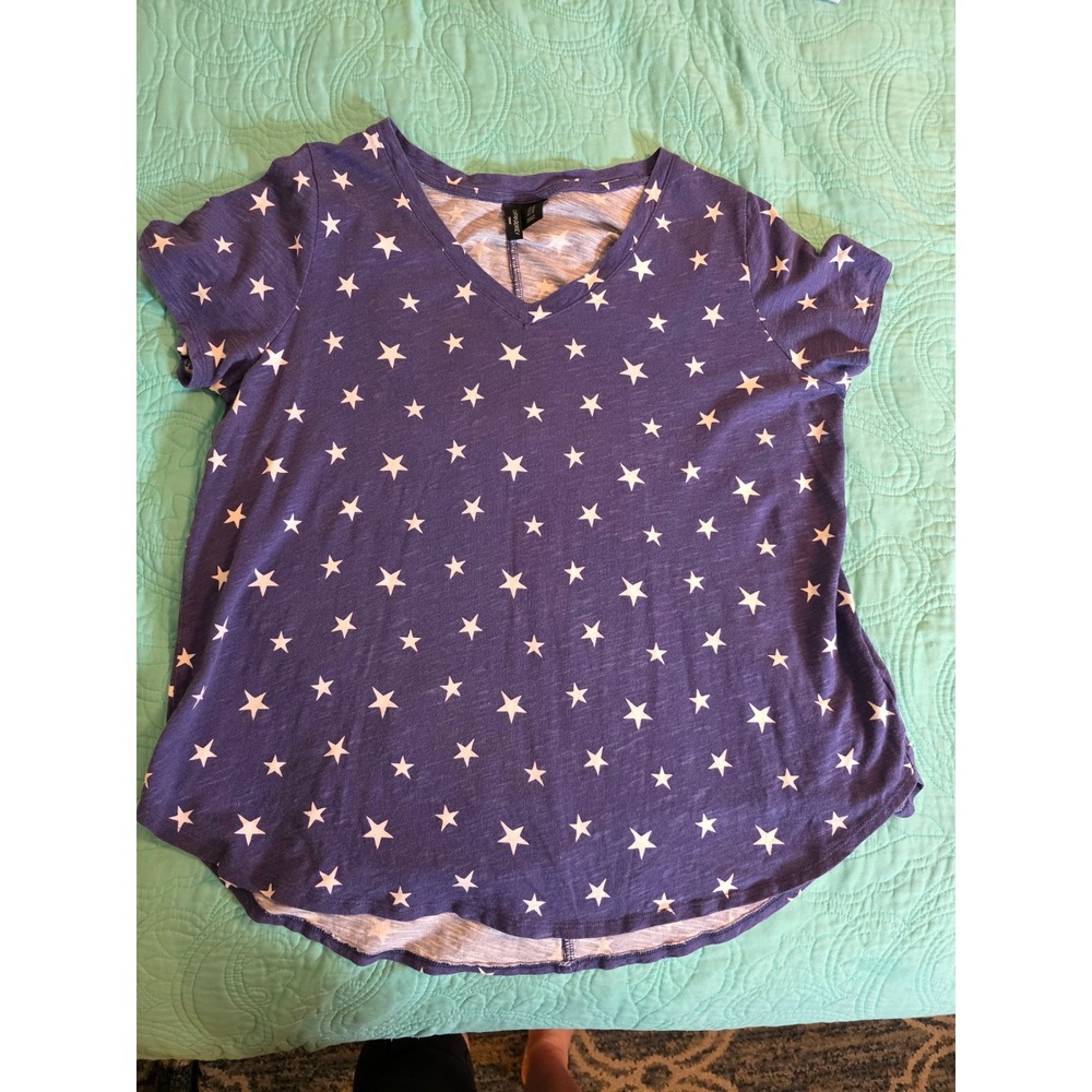 Cynthia Rowley Woman Blue Star Print Cotton V-Neck T-Shirt Size 1X Patriotic